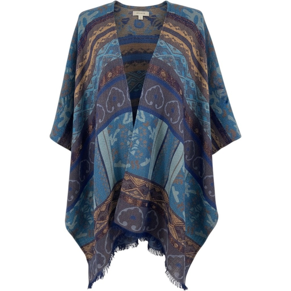Shacket Wrap Women One Size Blue Copper Boho Metallic Fringe Silk Oversized